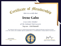 Certificate of membership for Irene Gabo in The National Trial Lawyers association